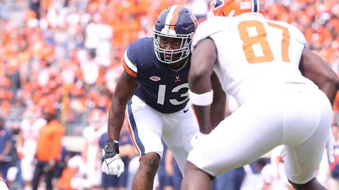 Hunter Stewart prepares to rush the passer during the Virginia football game against Illinois at Scott Stadium.